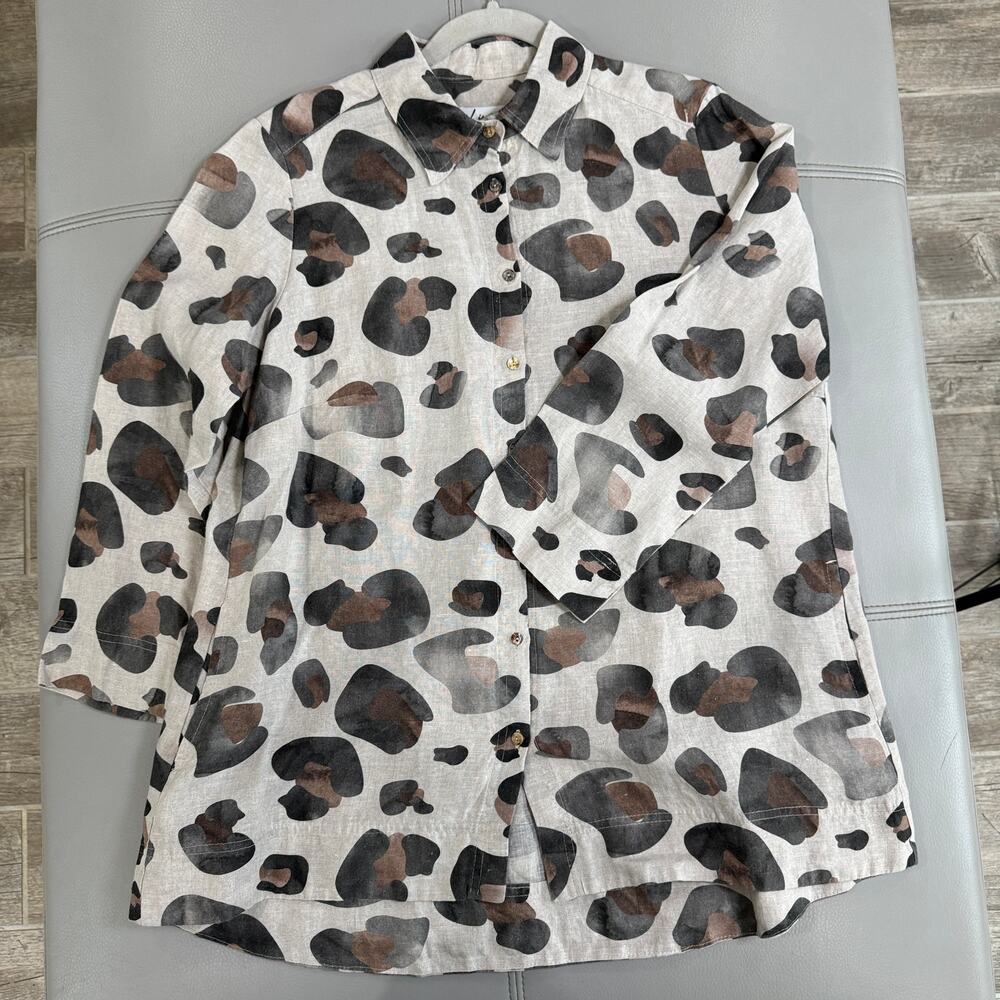 I Linen Lifestyle Womens L Cheetah Tunic/ Shacket Lagenlook Neutral Pockets